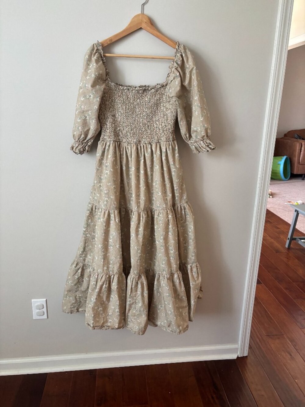 Smocked Square Neck Maxi Dress in Beige Floral